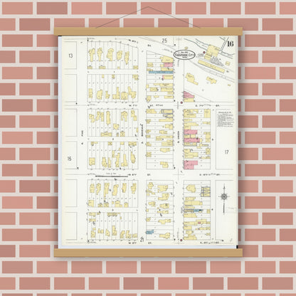 Old map wall art mockup — magnetic wood frame on brick wall — Sanborn Fire Insurance Map from Traverse City, Grand Traverse County, Michigan (1910), Sheet #0016