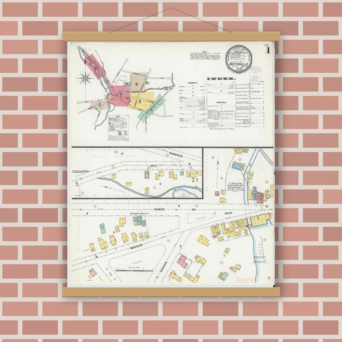 Old map wall art mockup — magnetic wood frame on brick wall — Sanborn Fire Insurance Map from Waterville, Oneida County, New York (1899) - Complete Map Set
