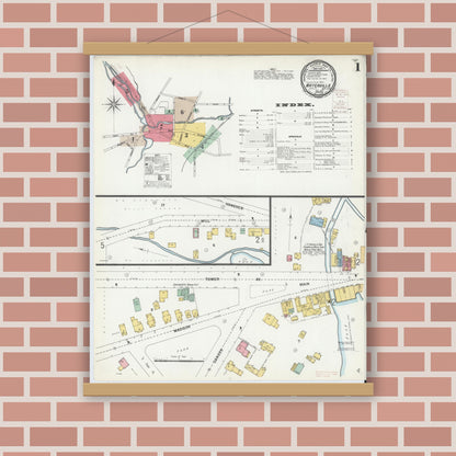 Old map wall art mockup — magnetic wood frame on brick wall — Sanborn Fire Insurance Map from Waterville, Oneida County, New York (1899) - Complete Map Set