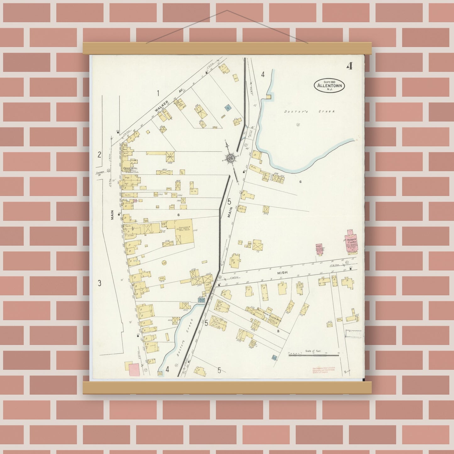 Old map wall art mockup — magnetic wood frame on brick wall — Sanborn Fire Insurance Map from Allentown, Monmouth County, New Jersey (1910), Sheet #0004