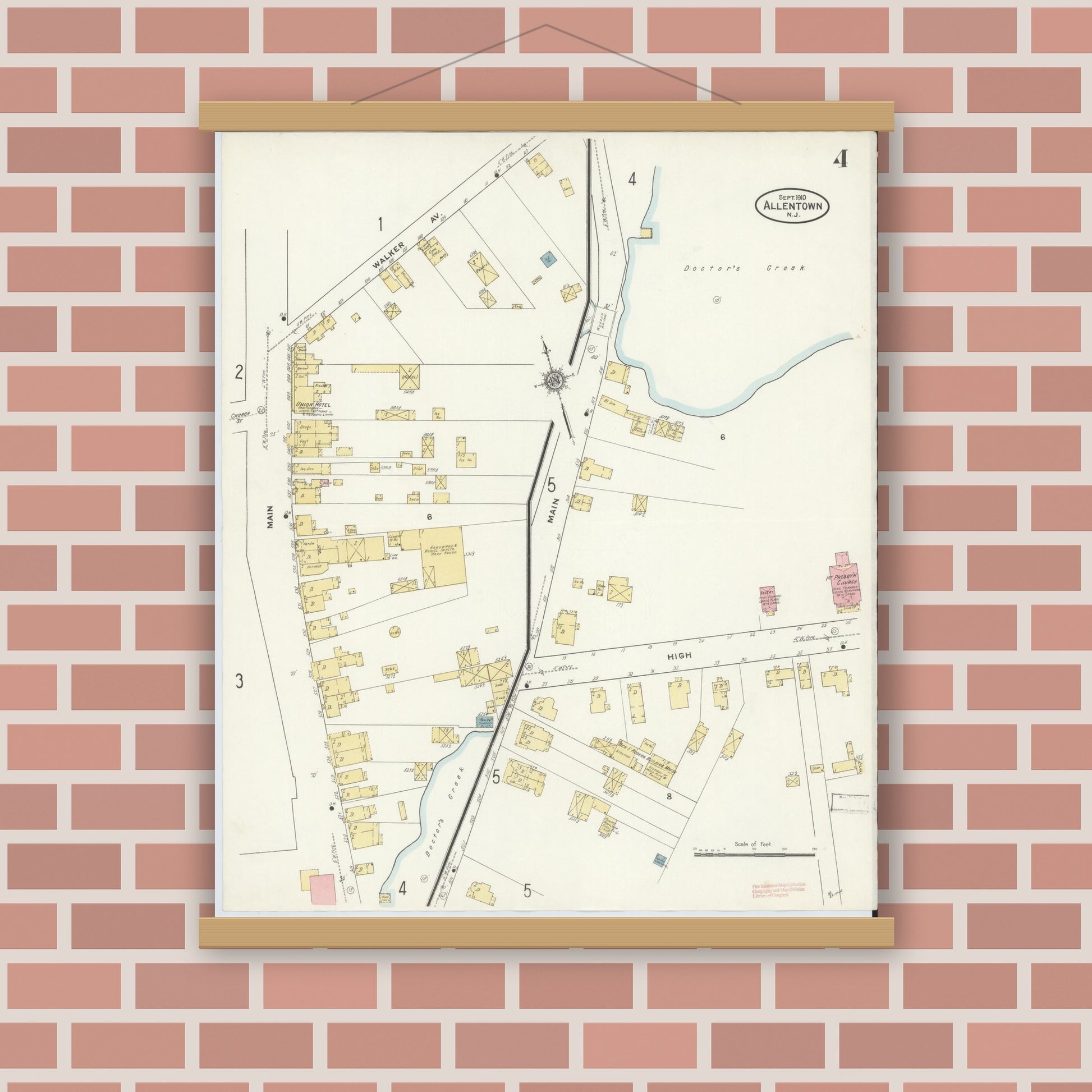 Old map wall art mockup — magnetic wood frame on brick wall — Sanborn Fire Insurance Map from Allentown, Monmouth County, New Jersey (1910), Sheet #0004