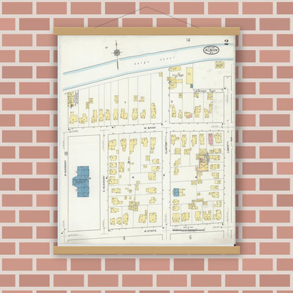 Old map wall art mockup — magnetic wood frame on brick wall — Sanborn Fire Insurance Map from Albion, Orleans County, New York (1917) - Complete Map Set