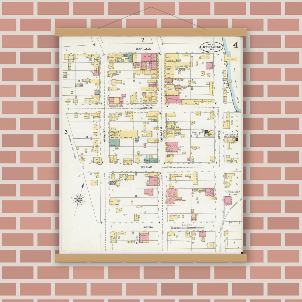 Old map wall art mockup — magnetic wood frame on brick wall — Sanborn Fire Insurance Map from Corpus Christi, Nueces County, Texas (1900), Sheet #0004