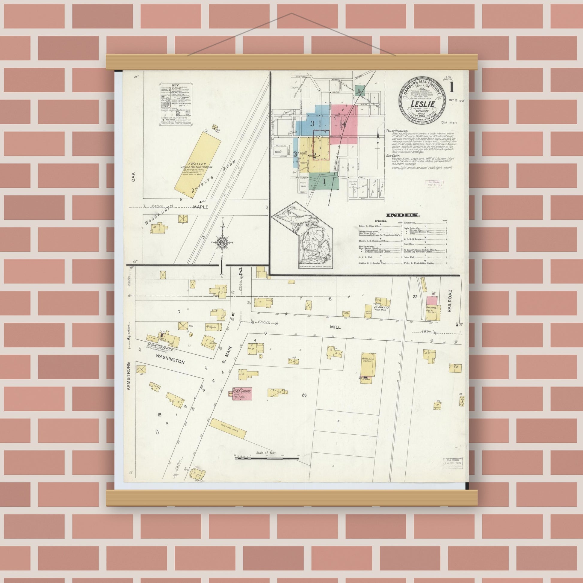 Old map wall art mockup — magnetic wood frame on brick wall — Sanborn Fire Insurance Map from Leslie, Ingham County, Michigan (1913) - Complete Map Set