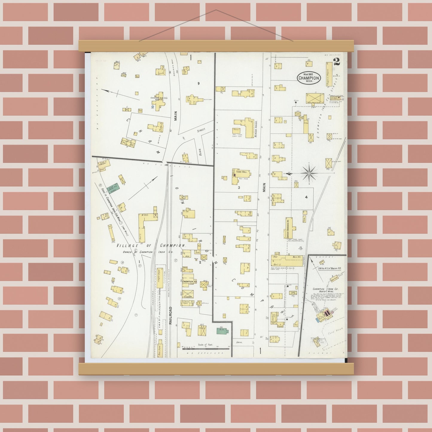 Old map wall art mockup — magnetic wood frame on brick wall — Sanborn Fire Insurance Map from Champion, Marquette County, Michigan (1902), Sheet #0002