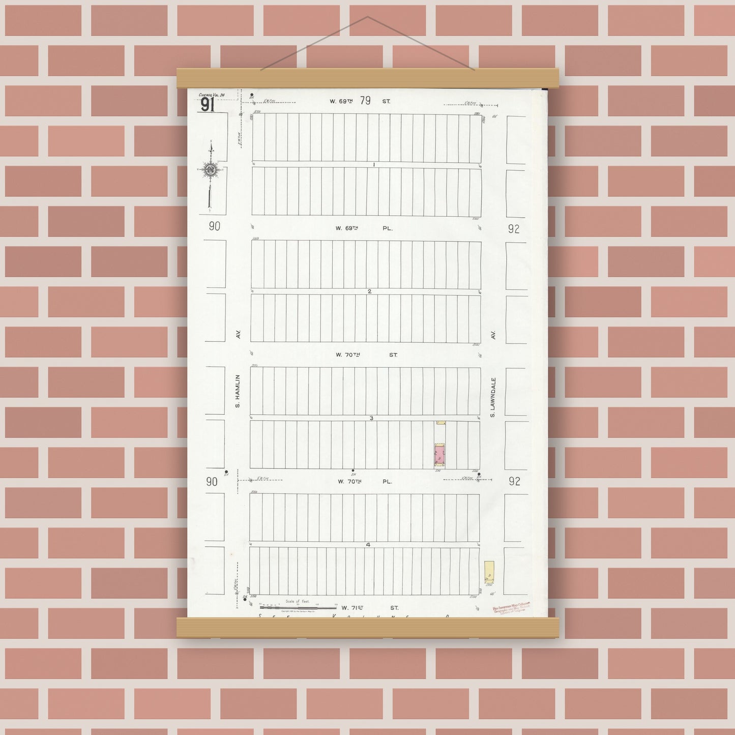 Old map wall art mockup — magnetic wood frame on brick wall — Sanborn Fire Insurance Map from Chicago, Cook County, Illinois (1920), Sheet #0091