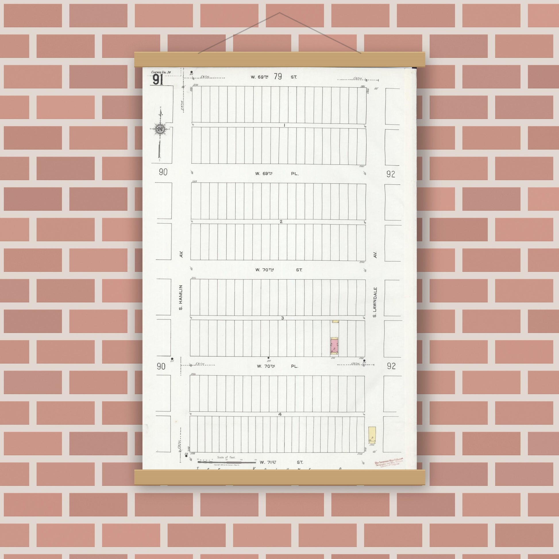 Old map wall art mockup — magnetic wood frame on brick wall — Sanborn Fire Insurance Map from Chicago, Cook County, Illinois (1920), Sheet #0091