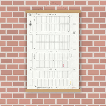 Old map wall art mockup — magnetic wood frame on brick wall — Sanborn Fire Insurance Map from Chicago, Cook County, Illinois (1920), Sheet #0091