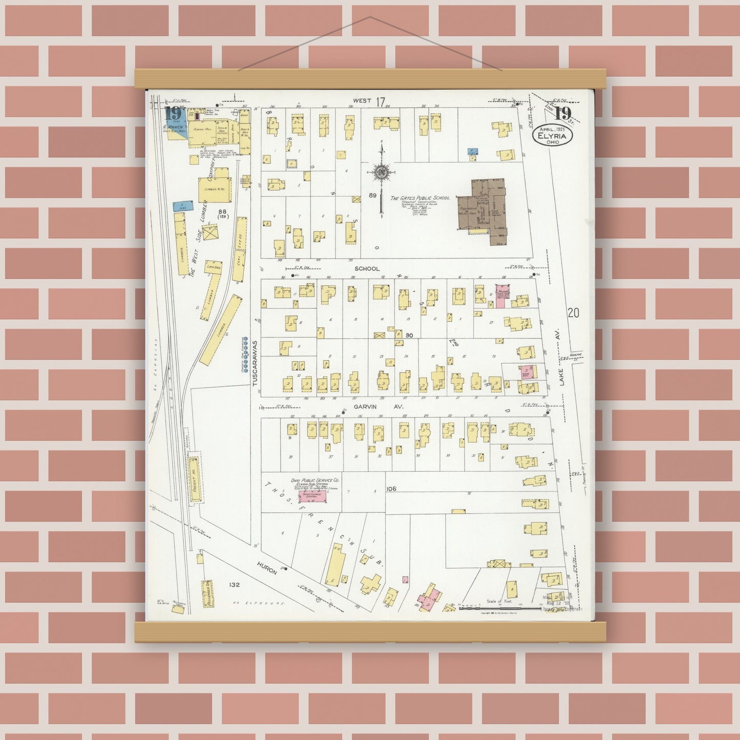 Old map wall art mockup — magnetic wood frame on brick wall — Sanborn Fire Insurance Map from Elyria, Lorain County, Ohio (1925), Sheet #0019