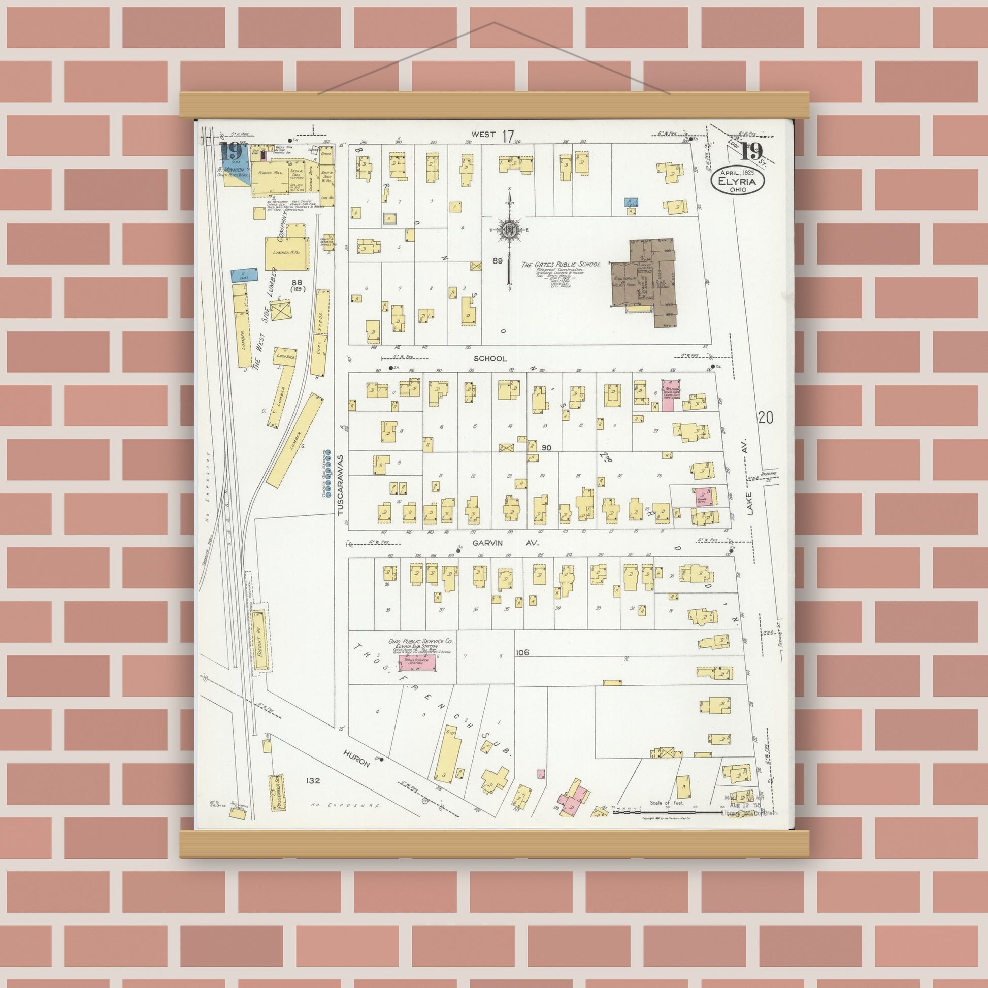 Old map wall art mockup — magnetic wood frame on brick wall — Sanborn Fire Insurance Map from Elyria, Lorain County, Ohio (1925), Sheet #0019