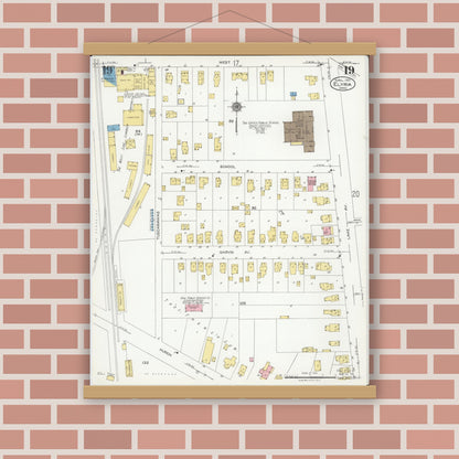 Old map wall art mockup — magnetic wood frame on brick wall — Sanborn Fire Insurance Map from Elyria, Lorain County, Ohio (1925), Sheet #0019