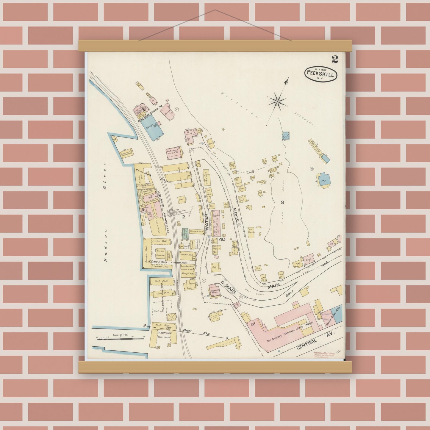 Old map wall art mockup — magnetic wood frame on brick wall — Sanborn Fire Insurance Map from Peekskill, Westchester County, New York (1887) - Complete Map Set