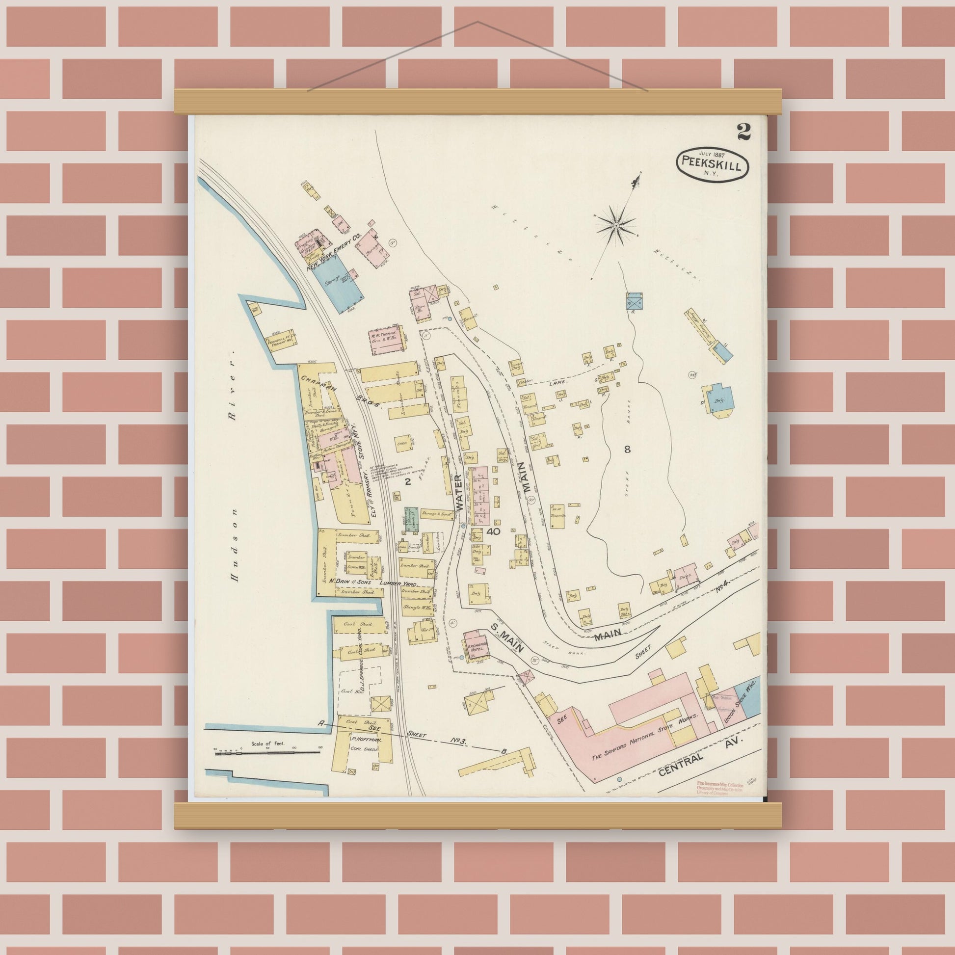 Old map wall art mockup — magnetic wood frame on brick wall — Sanborn Fire Insurance Map from Peekskill, Westchester County, New York (1887) - Complete Map Set