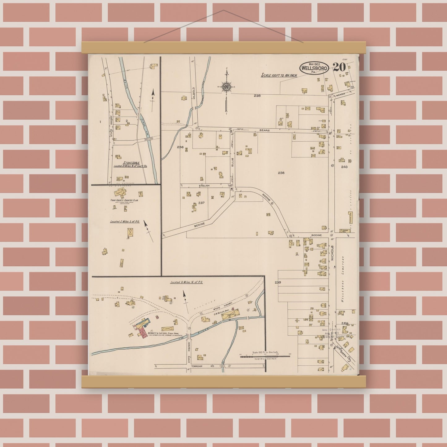 Old map wall art mockup — magnetic wood frame on brick wall — Sanborn Fire Insurance Map from Wellsboro, Tioga County, Pennsylvania (1922), Sheet #0020