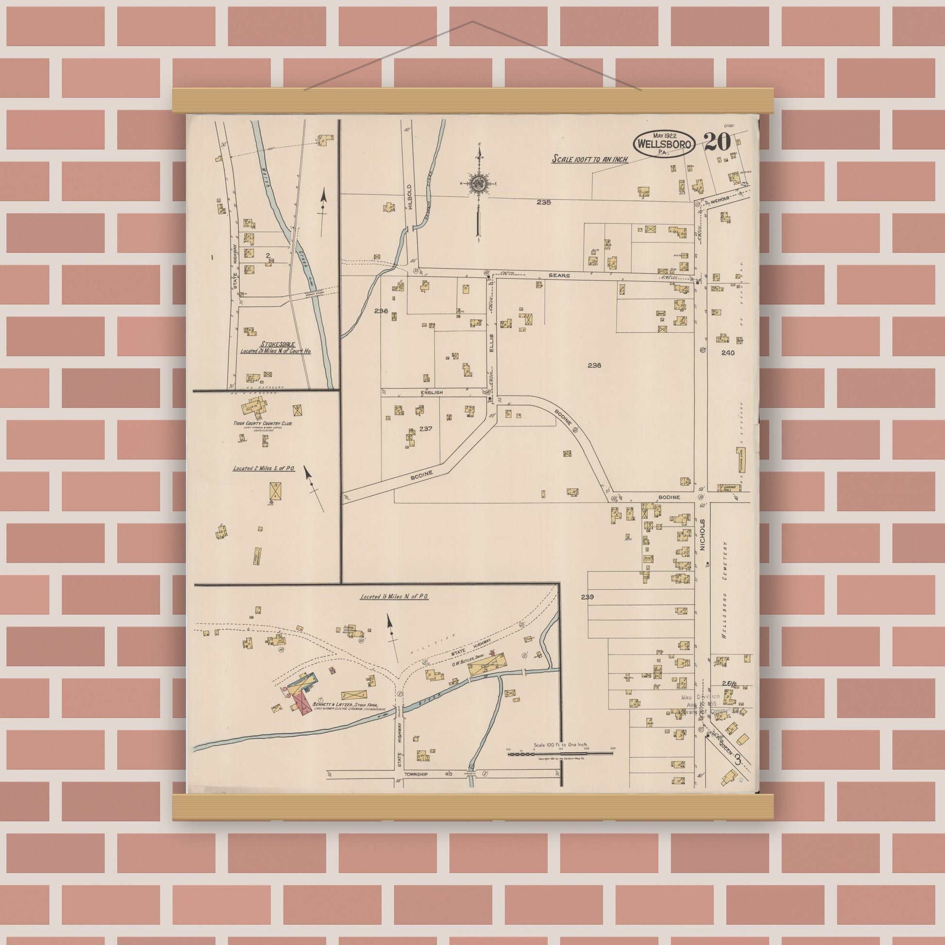 Old map wall art mockup — magnetic wood frame on brick wall — Sanborn Fire Insurance Map from Wellsboro, Tioga County, Pennsylvania (1922), Sheet #0020
