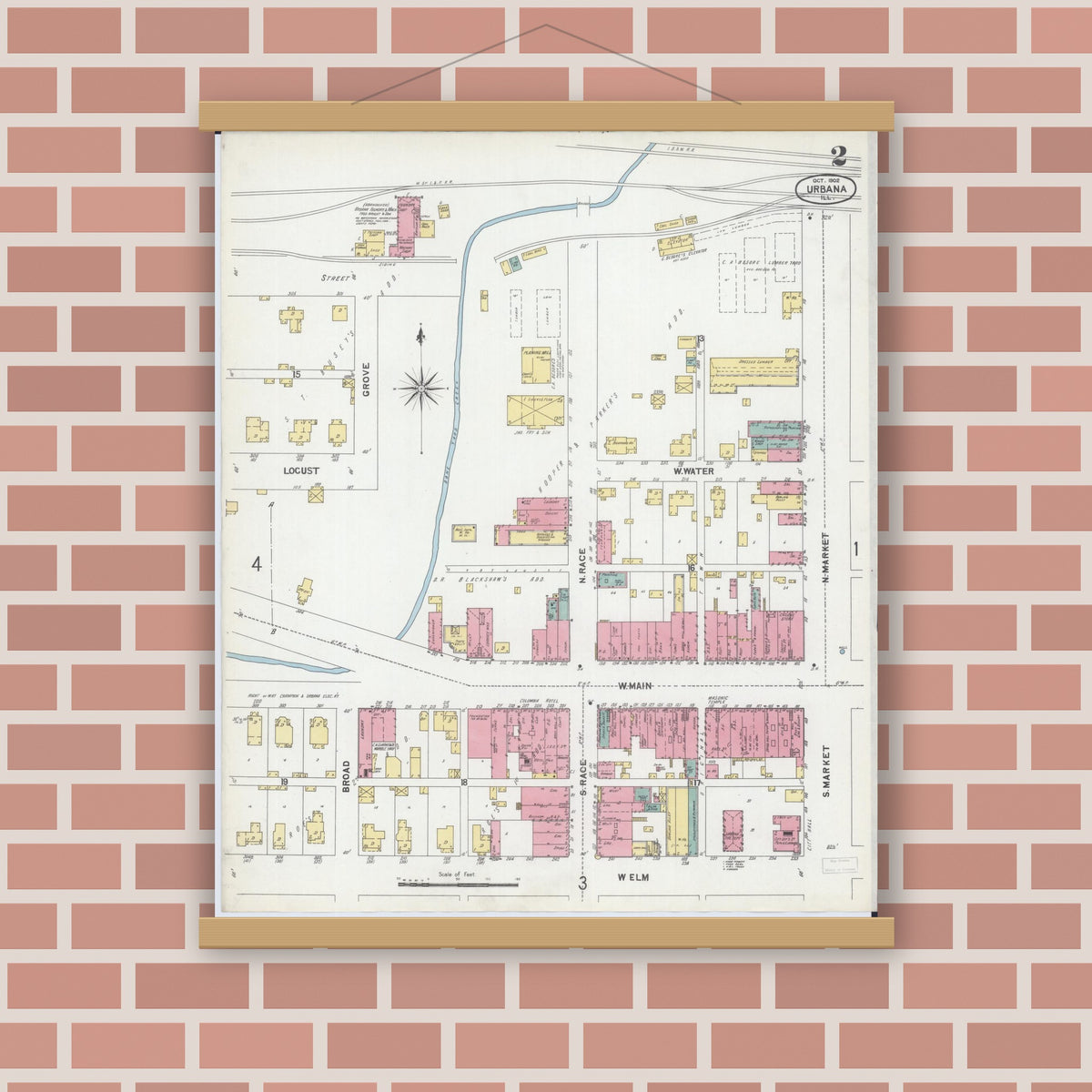 Old map wall art mockup — magnetic wood frame on brick wall — Sanborn Fire Insurance Map from Urbana, Champaign County, Illinois (1902), Sheet #0002