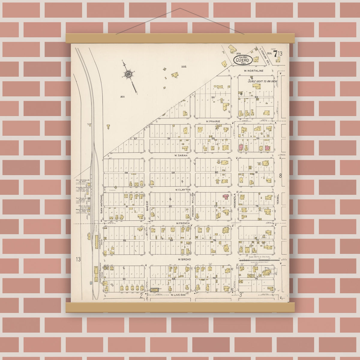 Old map wall art mockup — magnetic wood frame on brick wall — Sanborn Fire Insurance Map from Cuero, De Witt County, Texas (1922), Sheet #0007