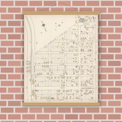 Old map wall art mockup — magnetic wood frame on brick wall — Sanborn Fire Insurance Map from Cuero, De Witt County, Texas (1922), Sheet #0007