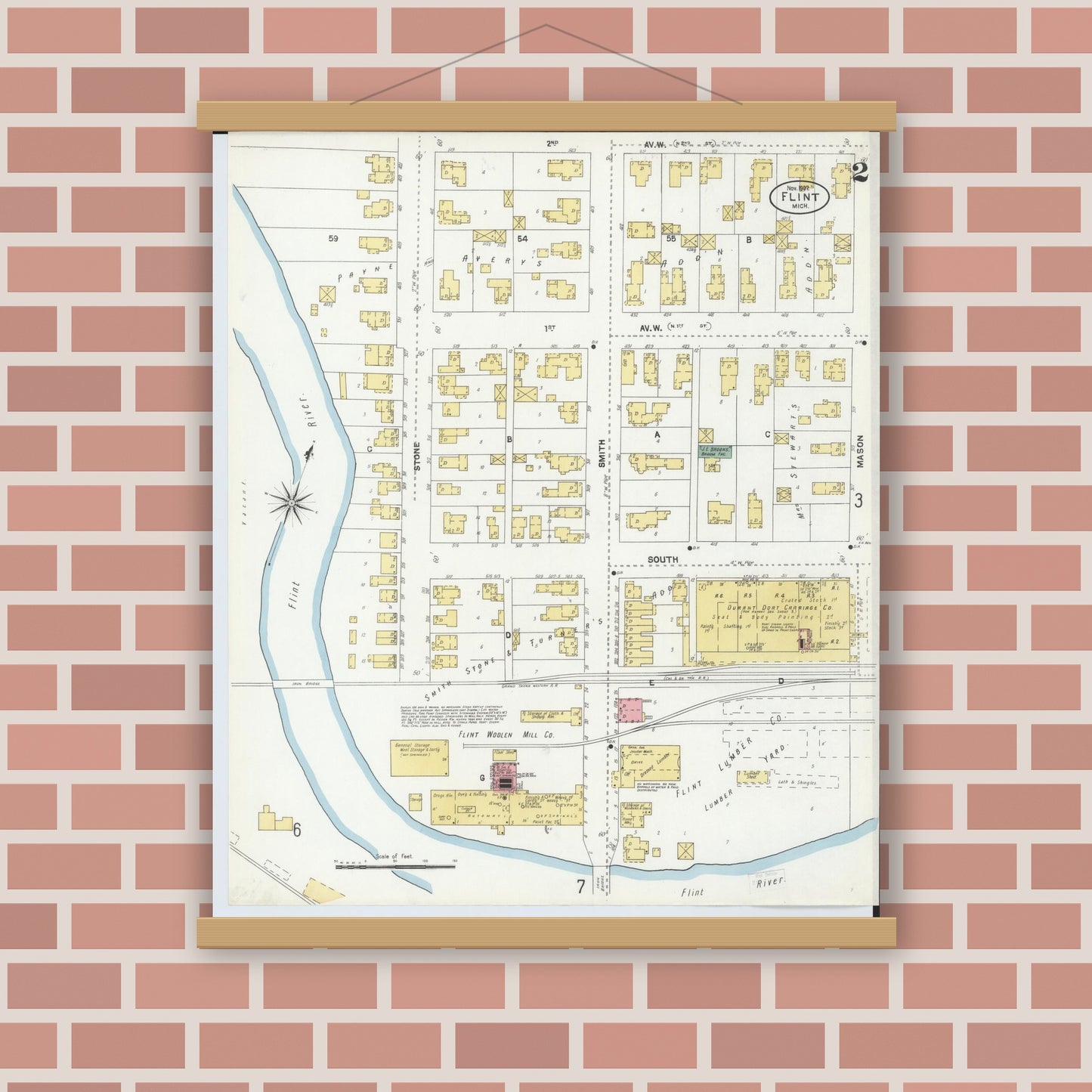 Old map wall art mockup — magnetic wood frame on brick wall — Sanborn Fire Insurance Map from Flint, Genesee County, Michigan (1902), Sheet #0002