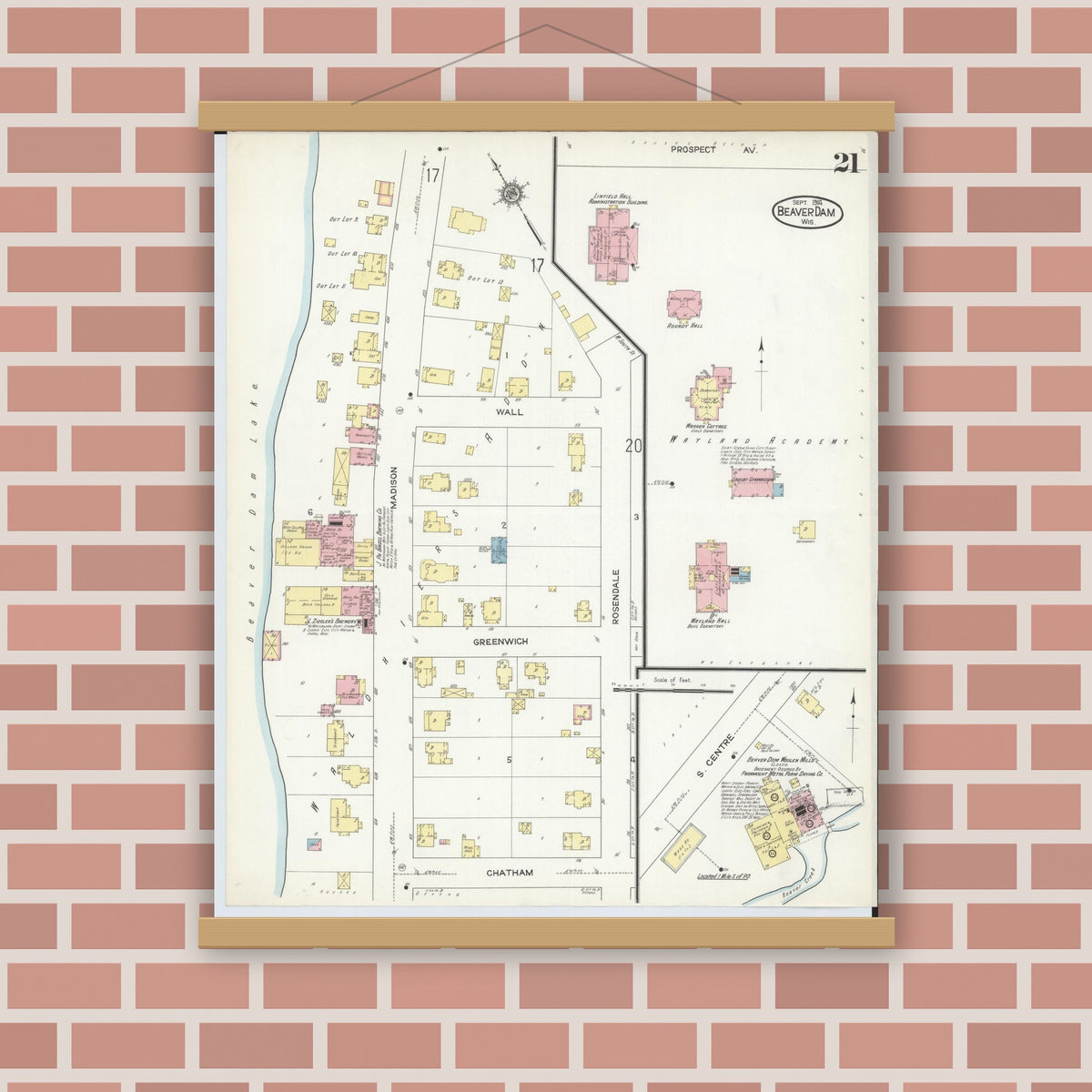 Old map wall art mockup — magnetic wood frame on brick wall — Sanborn Fire Insurance Map from Beaver Dam, Dodge County, Wisconsin (1914), Sheet #0021