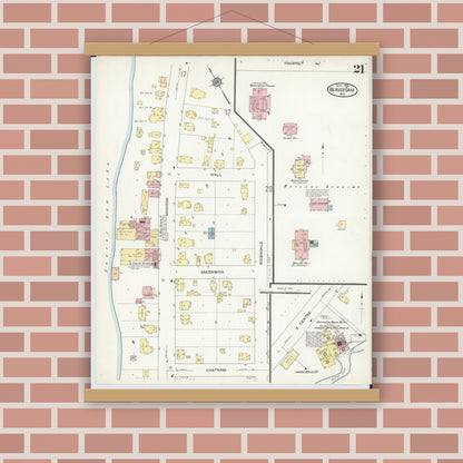 Old map wall art mockup — magnetic wood frame on brick wall — Sanborn Fire Insurance Map from Beaver Dam, Dodge County, Wisconsin (1914), Sheet #0021