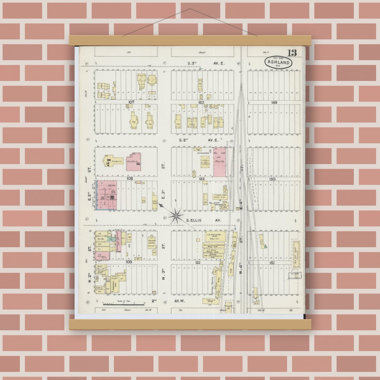 Old map wall art mockup — magnetic wood frame on brick wall — Sanborn Fire Insurance Map from Ashland, Ashland County, Wisconsin (1890), Sheet #0013