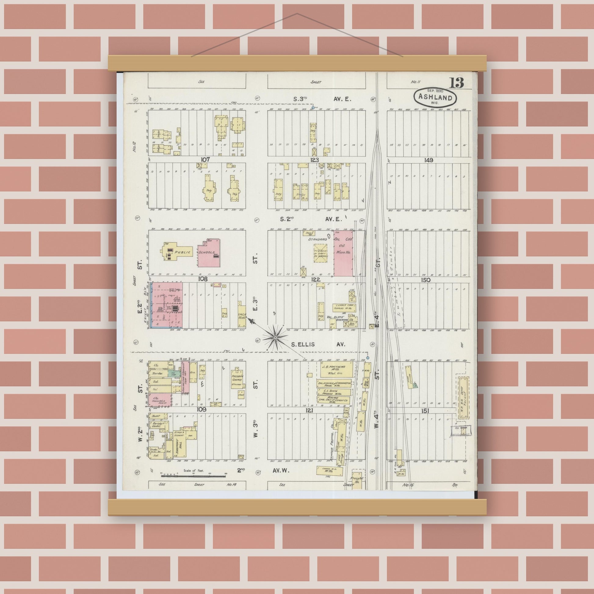 Old map wall art mockup — magnetic wood frame on brick wall — Sanborn Fire Insurance Map from Ashland, Ashland County, Wisconsin (1890), Sheet #0013