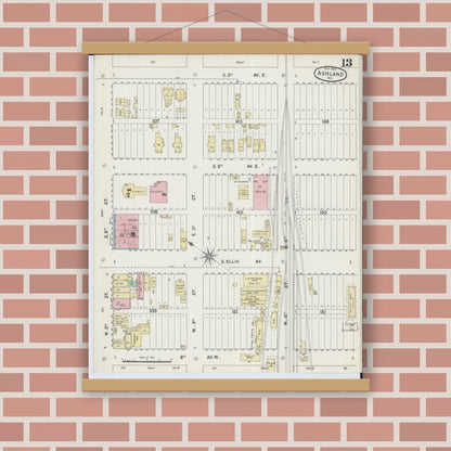 Old map wall art mockup — magnetic wood frame on brick wall — Sanborn Fire Insurance Map from Ashland, Ashland County, Wisconsin (1890), Sheet #0013