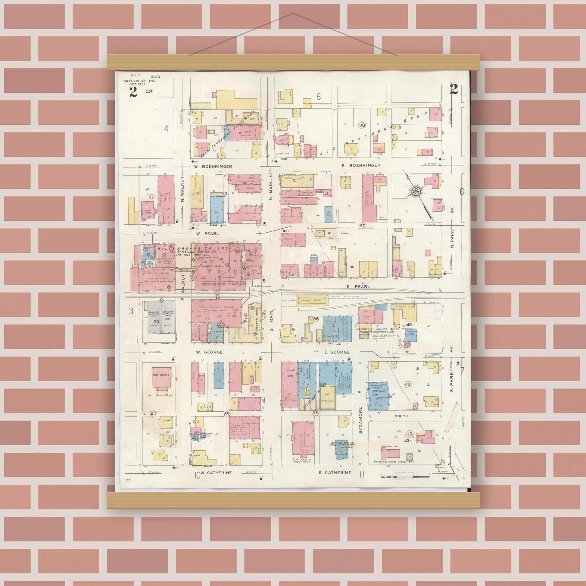 Old map wall art mockup — magnetic wood frame on brick wall — Sanborn Fire Insurance Map from Batesville, Ripley County, Indiana (1948), Sheet #0002