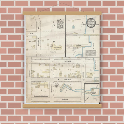 Old map wall art mockup — magnetic wood frame on brick wall — Sanborn Fire Insurance Map from Green Cove Springs, Clay County, Florida (1884), Sheet #0001