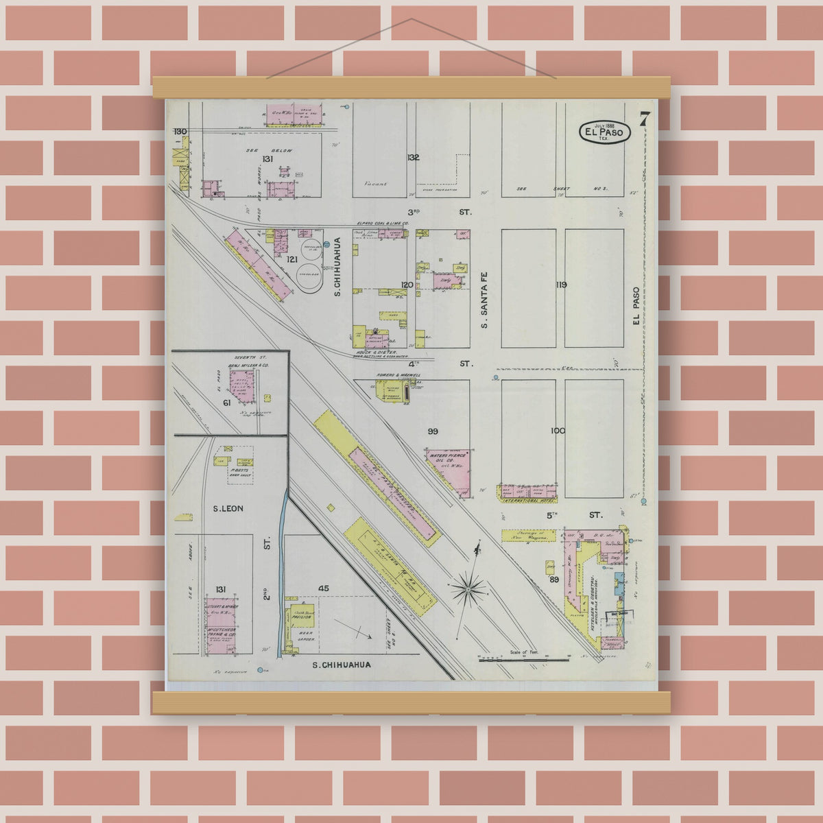 Old map wall art mockup — magnetic wood frame on brick wall — Sanborn Fire Insurance Map from El Paso, El Paso County, Texas (1888), Sheet #0007
