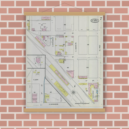 Old map wall art mockup — magnetic wood frame on brick wall — Sanborn Fire Insurance Map from El Paso, El Paso County, Texas (1888), Sheet #0007
