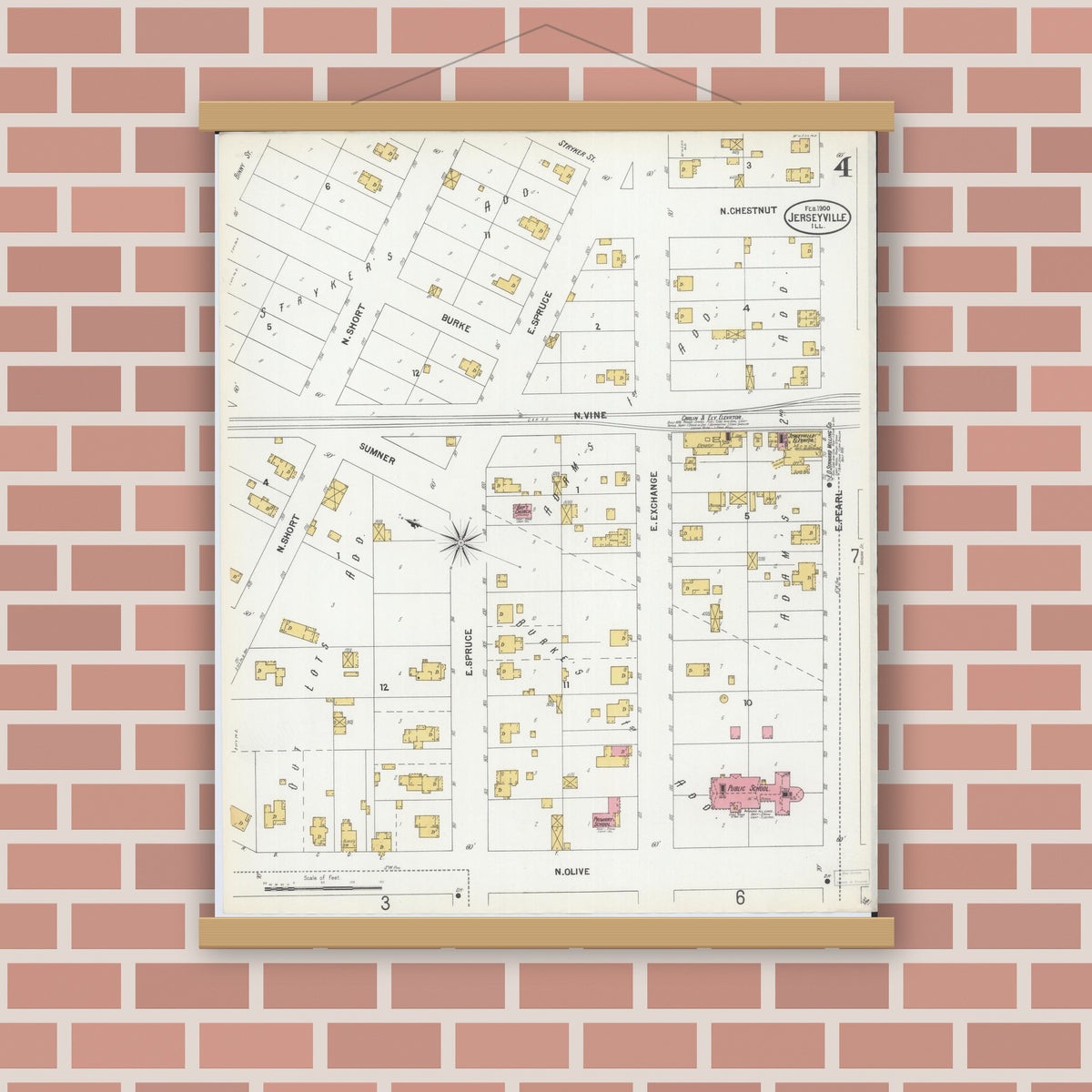 Old map wall art mockup — magnetic wood frame on brick wall — Sanborn Fire Insurance Map from Jerseyville, Jersey County, Illinois (1900), Sheet #0004