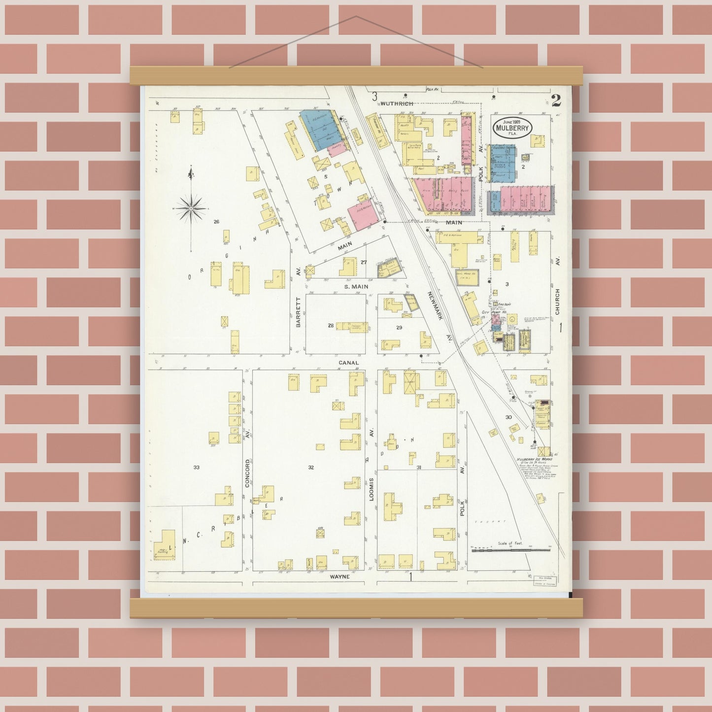 Old map wall art mockup — magnetic wood frame on brick wall — Sanborn Fire Insurance Map from Mulberry, Polk County, Florida (1909), Sheet #0002