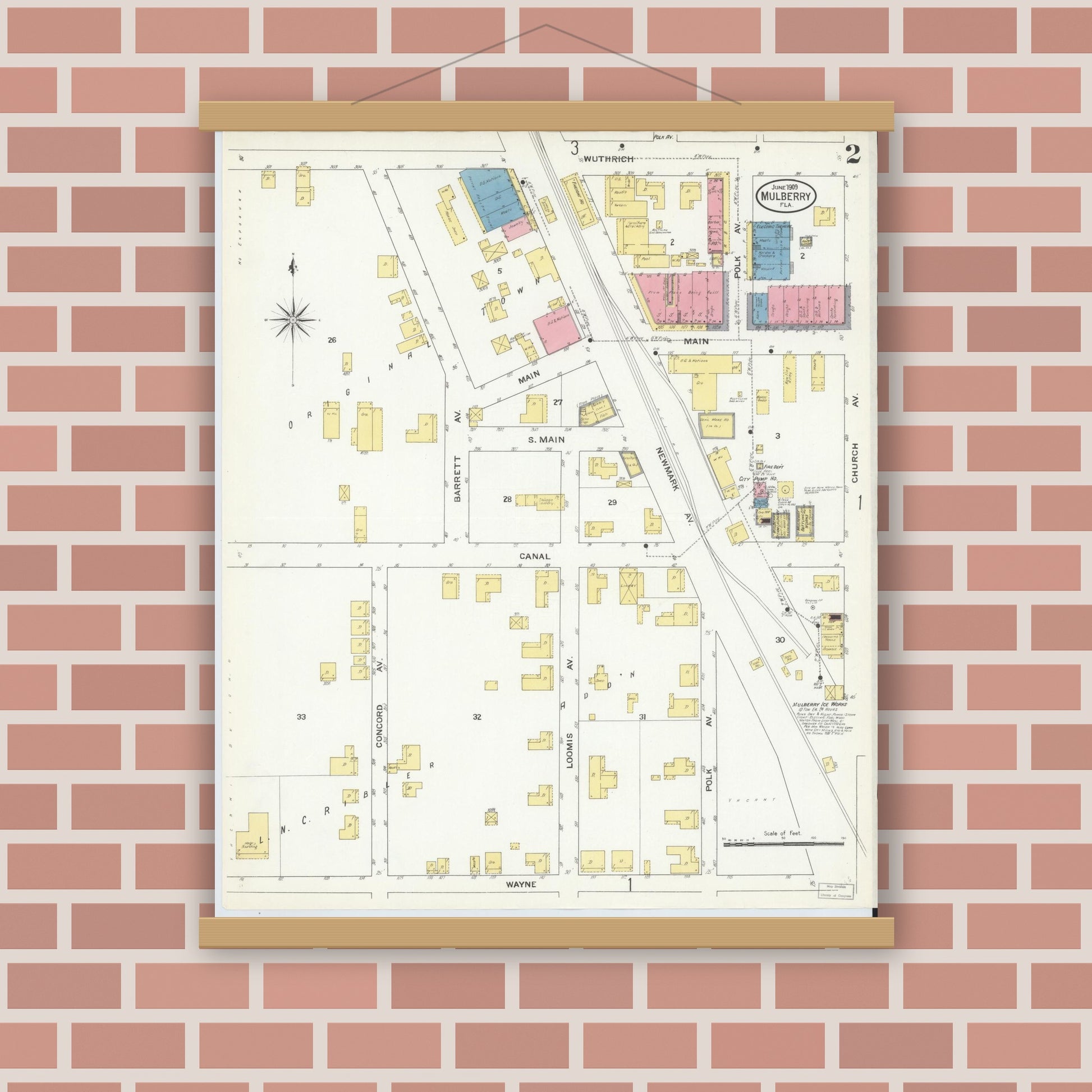 Old map wall art mockup — magnetic wood frame on brick wall — Sanborn Fire Insurance Map from Mulberry, Polk County, Florida (1909), Sheet #0002