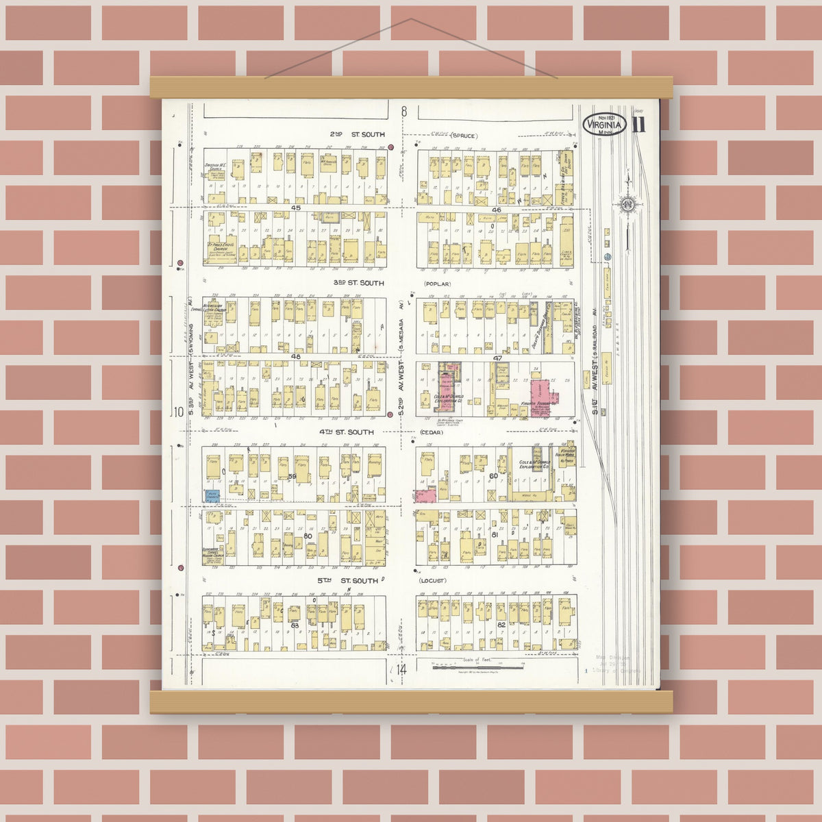 Old map wall art mockup — magnetic wood frame on brick wall — Sanborn Fire Insurance Map from Virginia, Saint Louis County, Minnesota (1921), Sheet #0011