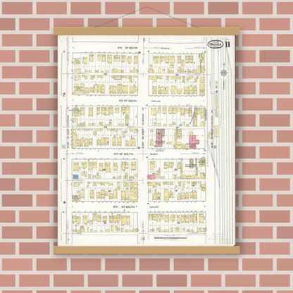 Old map wall art mockup — magnetic wood frame on brick wall — Sanborn Fire Insurance Map from Virginia, Saint Louis County, Minnesota (1921), Sheet #0011
