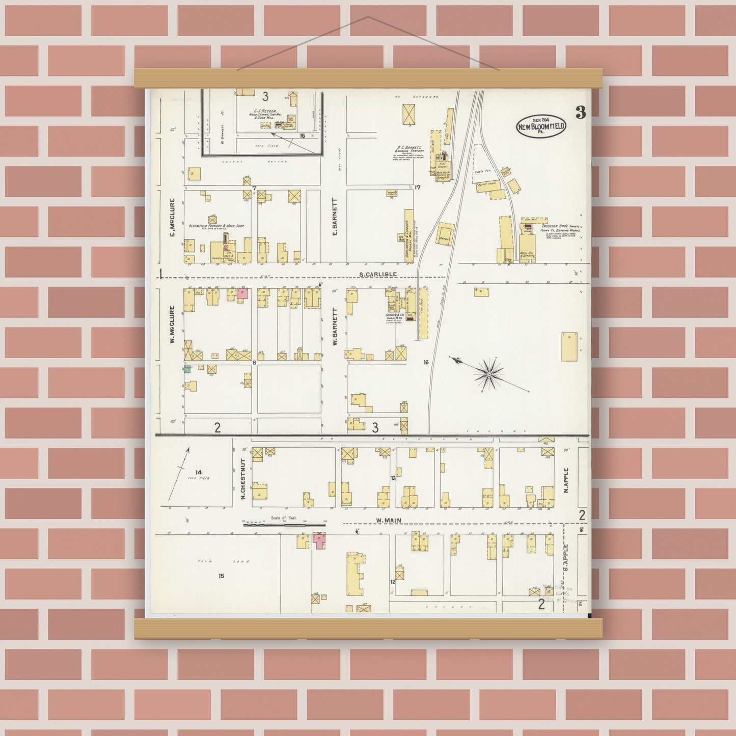 Old map wall art mockup — magnetic wood frame on brick wall — Sanborn Fire Insurance Map from New Bloomfield, Perry County, Pennsylvania (1904), Sheet #0003