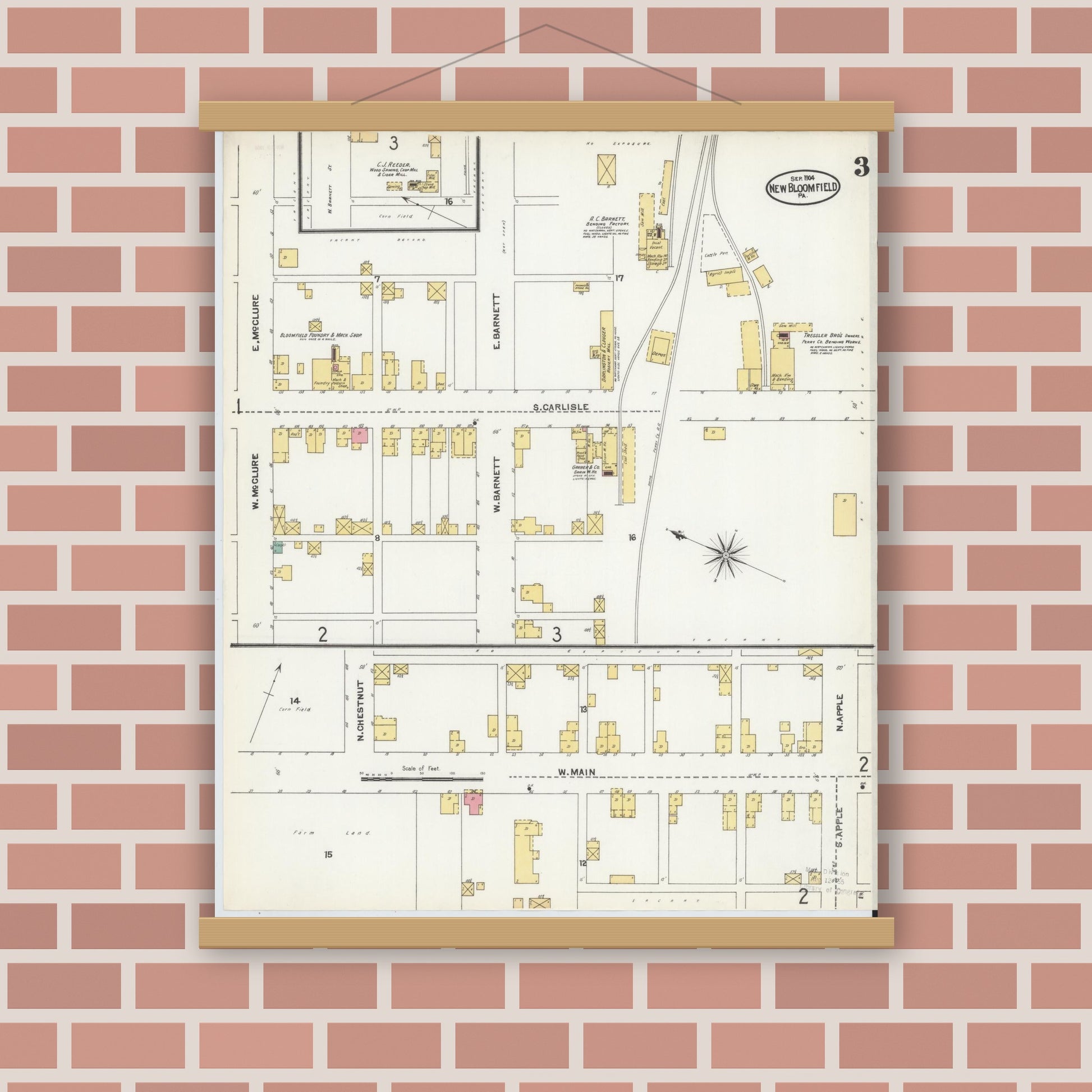 Old map wall art mockup — magnetic wood frame on brick wall — Sanborn Fire Insurance Map from New Bloomfield, Perry County, Pennsylvania (1904), Sheet #0003