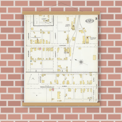 Old map wall art mockup — magnetic wood frame on brick wall — Sanborn Fire Insurance Map from New Bloomfield, Perry County, Pennsylvania (1904), Sheet #0003