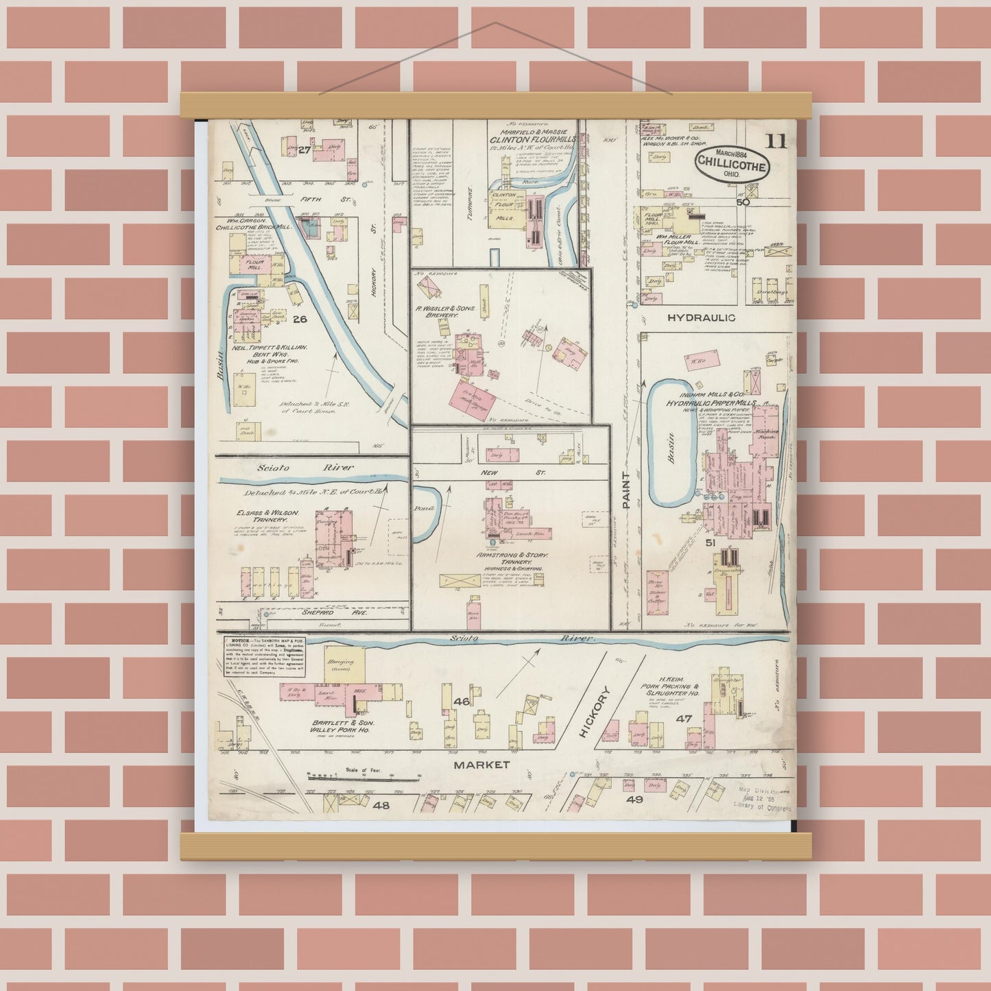 Old map wall art mockup — magnetic wood frame on brick wall — Sanborn Fire Insurance Map from Chillicothe, Ross County, Ohio (1884), Sheet #0011