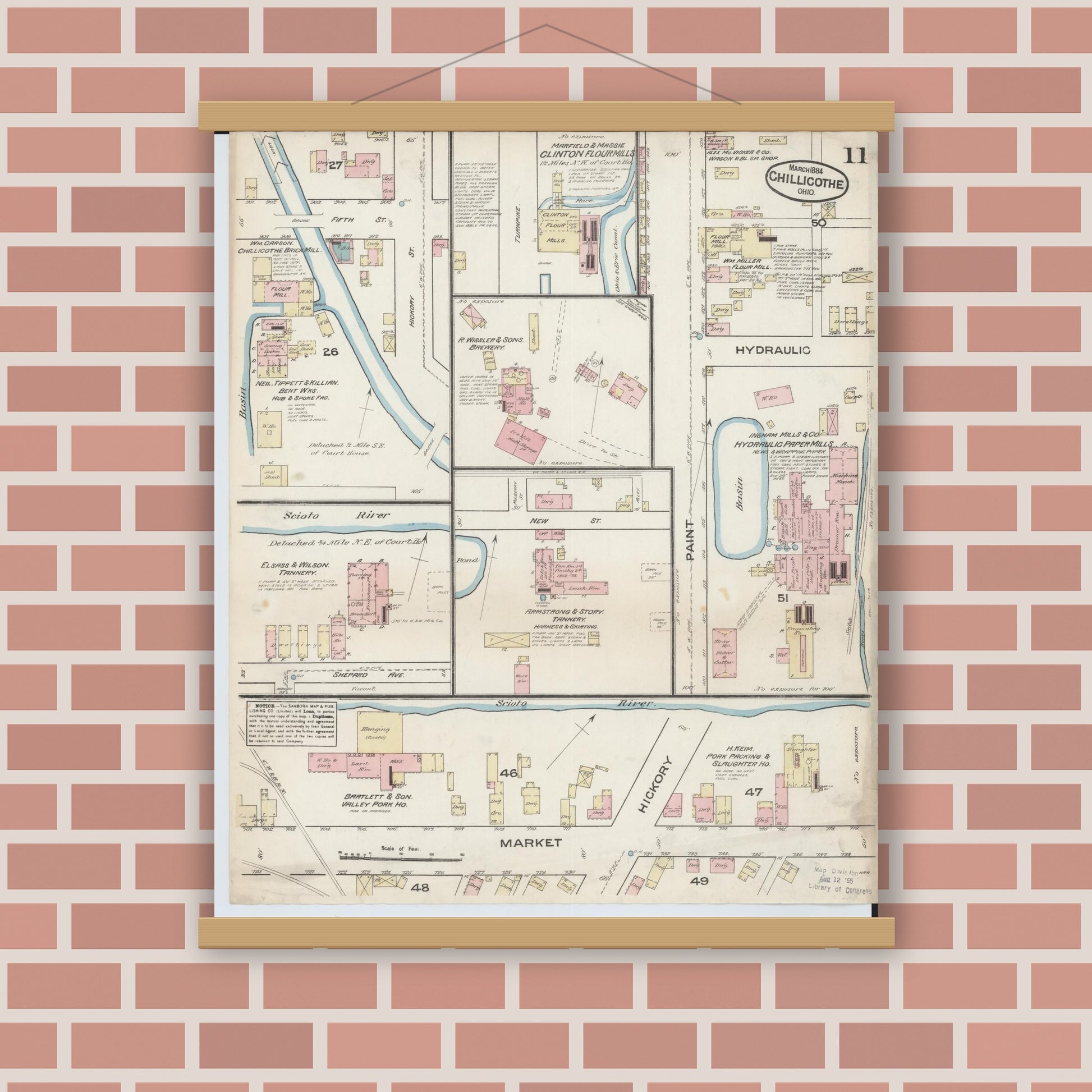 Old map wall art mockup — magnetic wood frame on brick wall — Sanborn Fire Insurance Map from Chillicothe, Ross County, Ohio (1884), Sheet #0011