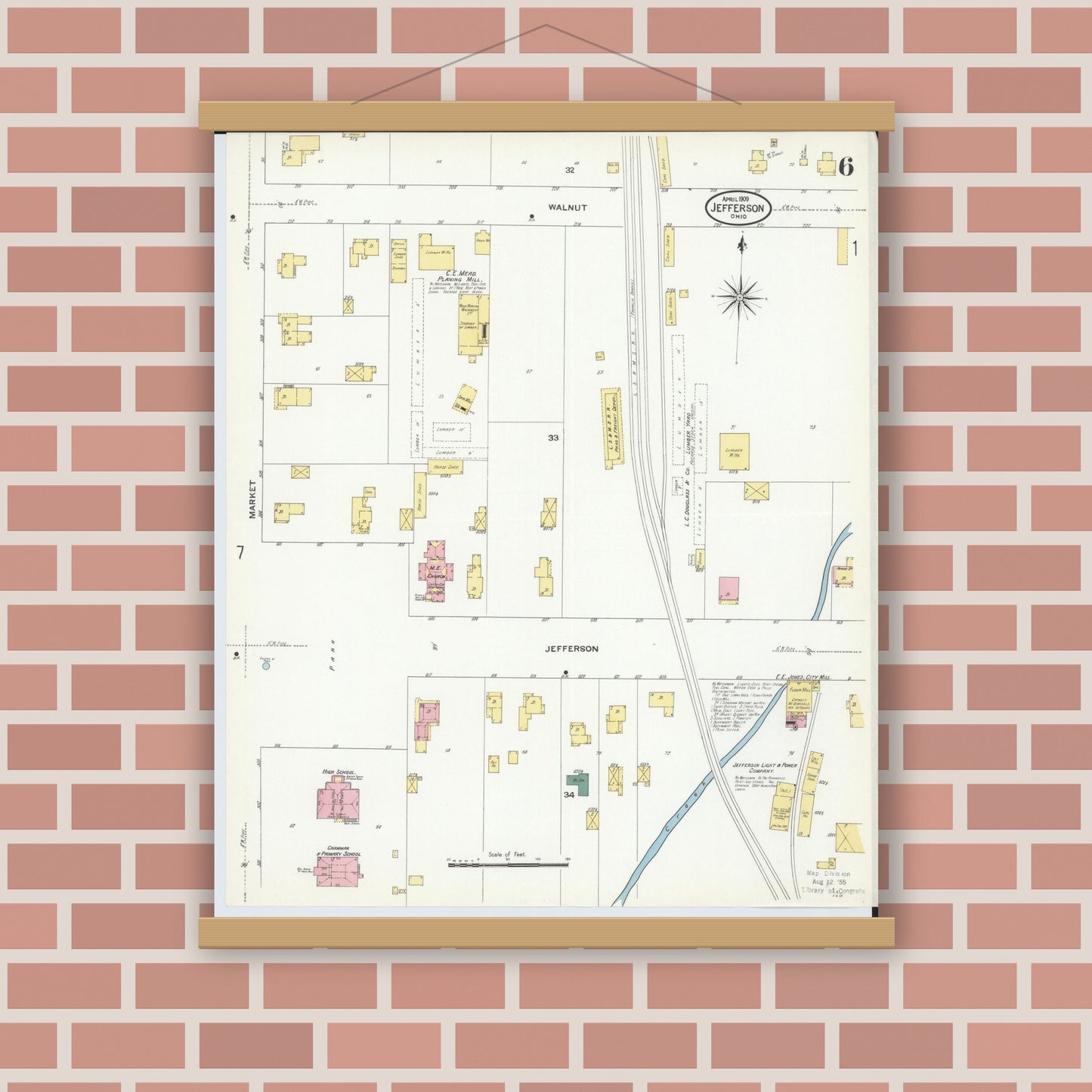 Old map wall art mockup — magnetic wood frame on brick wall — Sanborn Fire Insurance Map from Jefferson, Ashtabula County, Ohio (1909), Sheet #0006