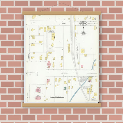 Old map wall art mockup — magnetic wood frame on brick wall — Sanborn Fire Insurance Map from Jefferson, Ashtabula County, Ohio (1909), Sheet #0006