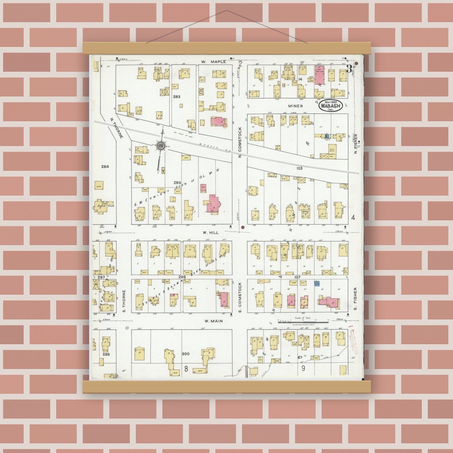 Old map wall art mockup — magnetic wood frame on brick wall — Sanborn Fire Insurance Map from Wabash, Wabash County, Indiana (1920), Sheet #0003