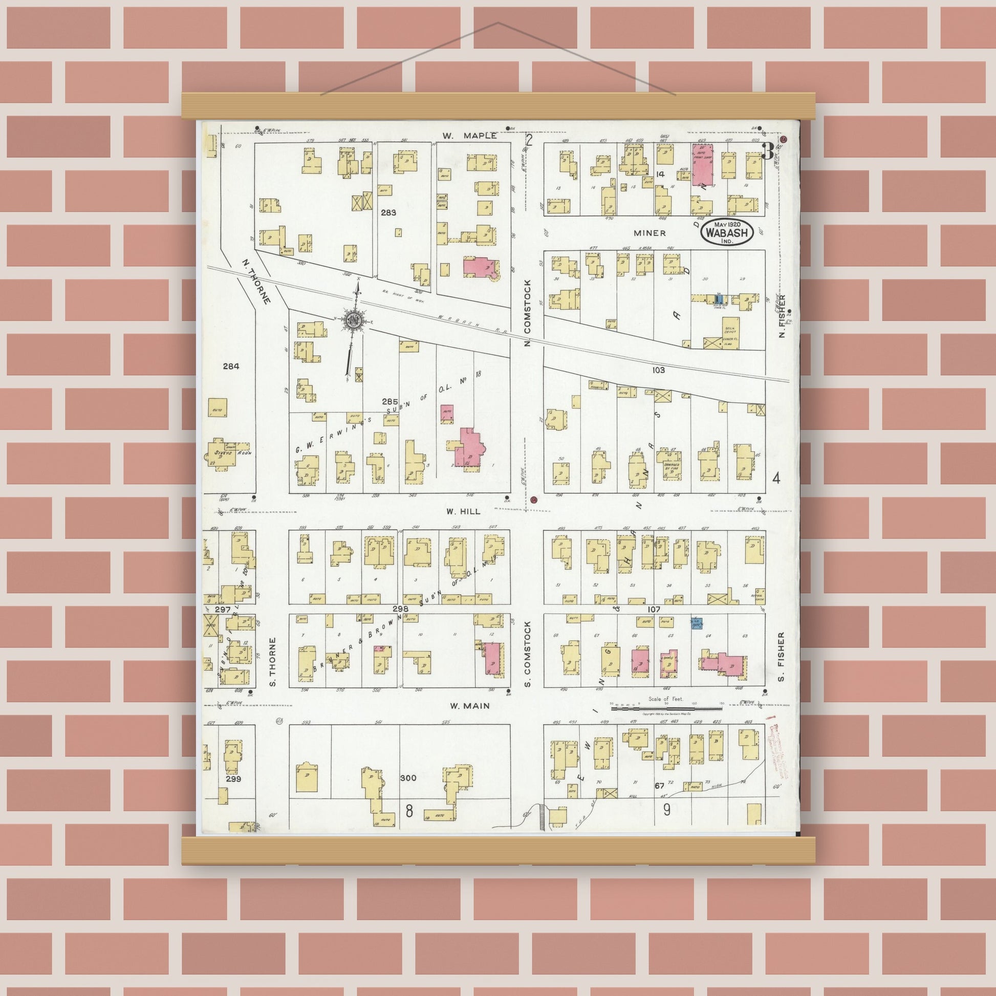 Old map wall art mockup — magnetic wood frame on brick wall — Sanborn Fire Insurance Map from Wabash, Wabash County, Indiana (1920), Sheet #0003