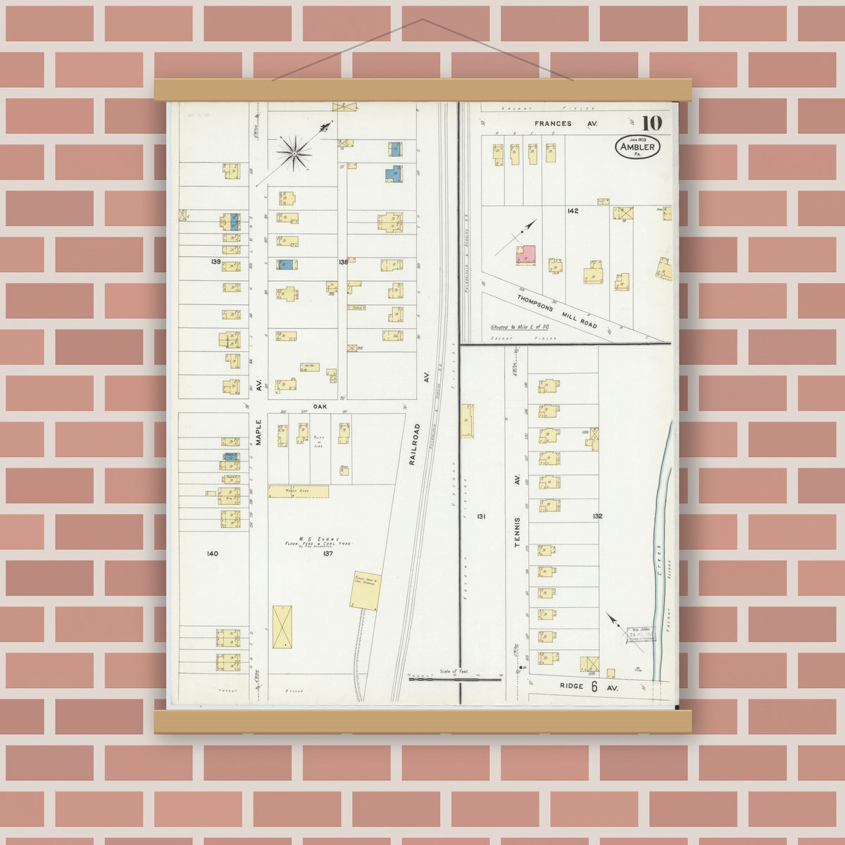 Old map wall art mockup — magnetic wood frame on brick wall — Sanborn Fire Insurance Map from Ambler, Montgomery County, Pennsylvania (1909), Sheet #0010