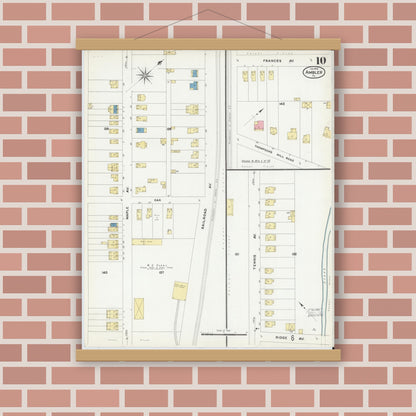 Old map wall art mockup — magnetic wood frame on brick wall — Sanborn Fire Insurance Map from Ambler, Montgomery County, Pennsylvania (1909), Sheet #0010