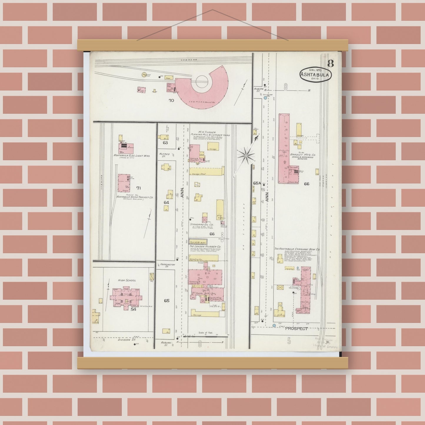 Old map wall art mockup — magnetic wood frame on brick wall — Sanborn Fire Insurance Map from Ashtabula, Ashtabula County, Ohio (1893), Sheet #0008