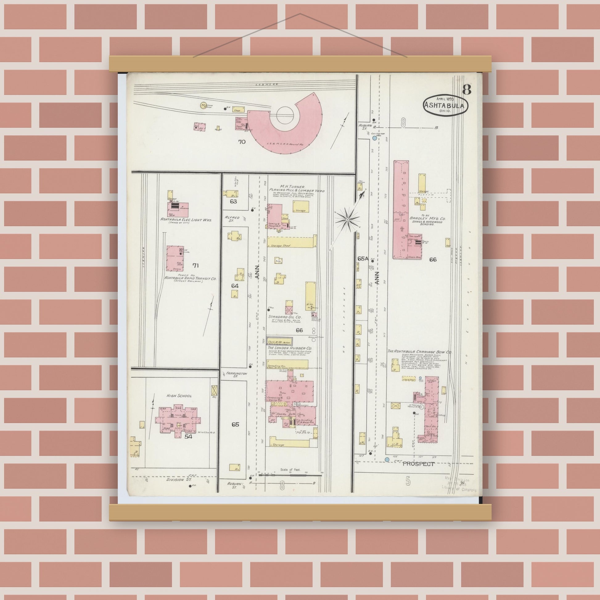 Old map wall art mockup — magnetic wood frame on brick wall — Sanborn Fire Insurance Map from Ashtabula, Ashtabula County, Ohio (1893), Sheet #0008